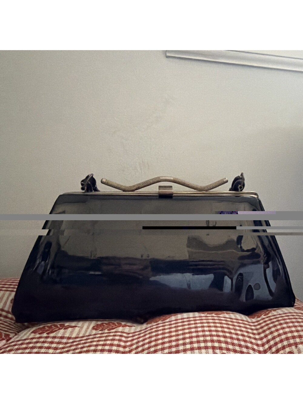 Black Patent Leather Frame Handbag with Metal Handle Clasp for Women Vintage